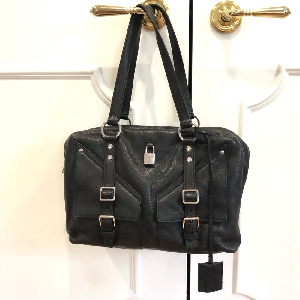 YSL Black Leather Buckle Handbag with Top Zipper